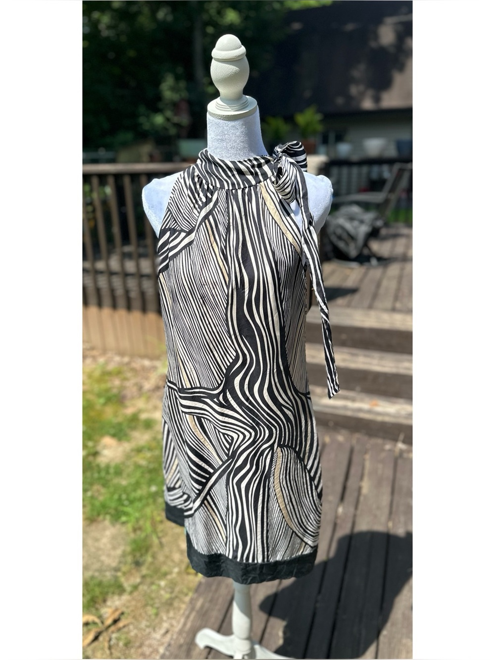 White House Black Market Abstract Halter Silk Shift Dress with Neck Tie
